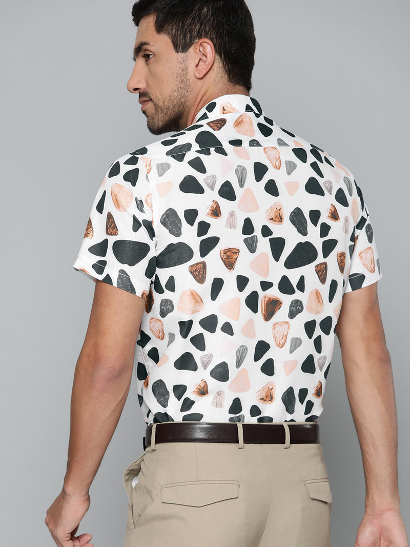 Men White Abstract Printed Smart Slim Fit Casual Shirt