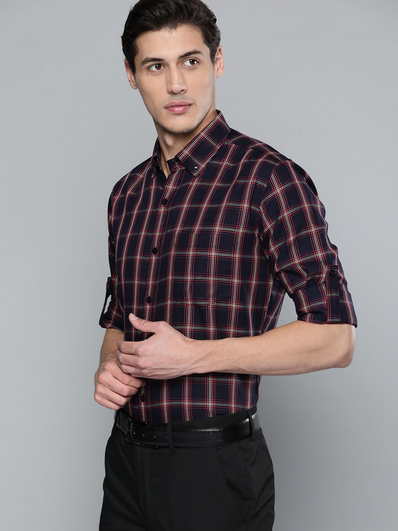 Men Navy Blue  Red Pure Cotton Smart Fit Tartan Checks Checked Formal Shirt