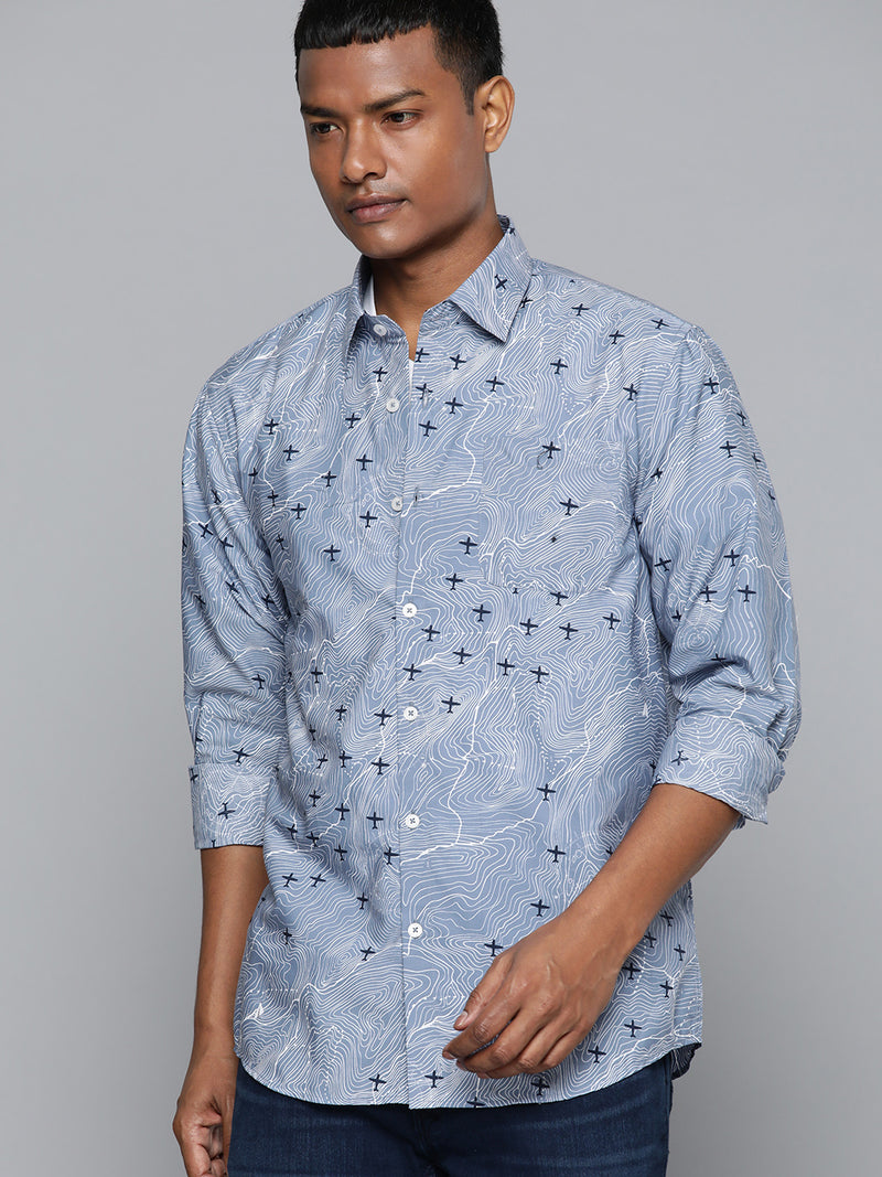 Blue: Full Sleeves Block Printed Shirt