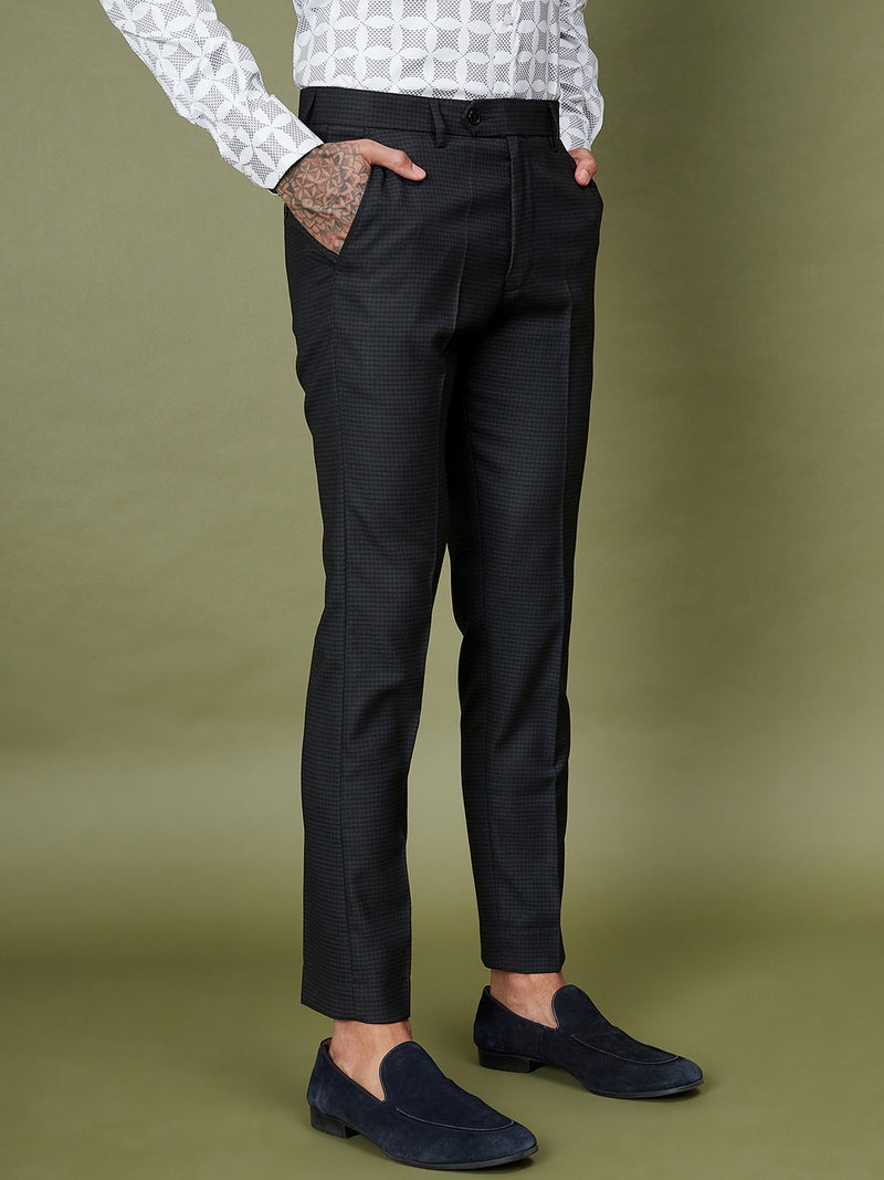 DENNISON Men Checked Smart Tapered Fit Easy Wash Formal Black Trousers