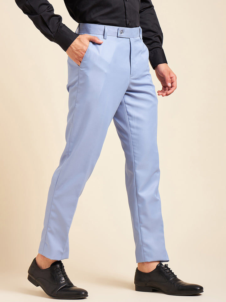 DENNISON Sky Blue Men Flat-Front Mid-Rise Formal Trousers