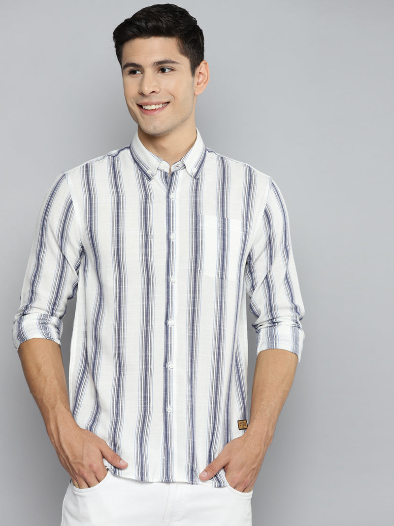 White: Full Sleeve Button-Down Collar Striped Shirt