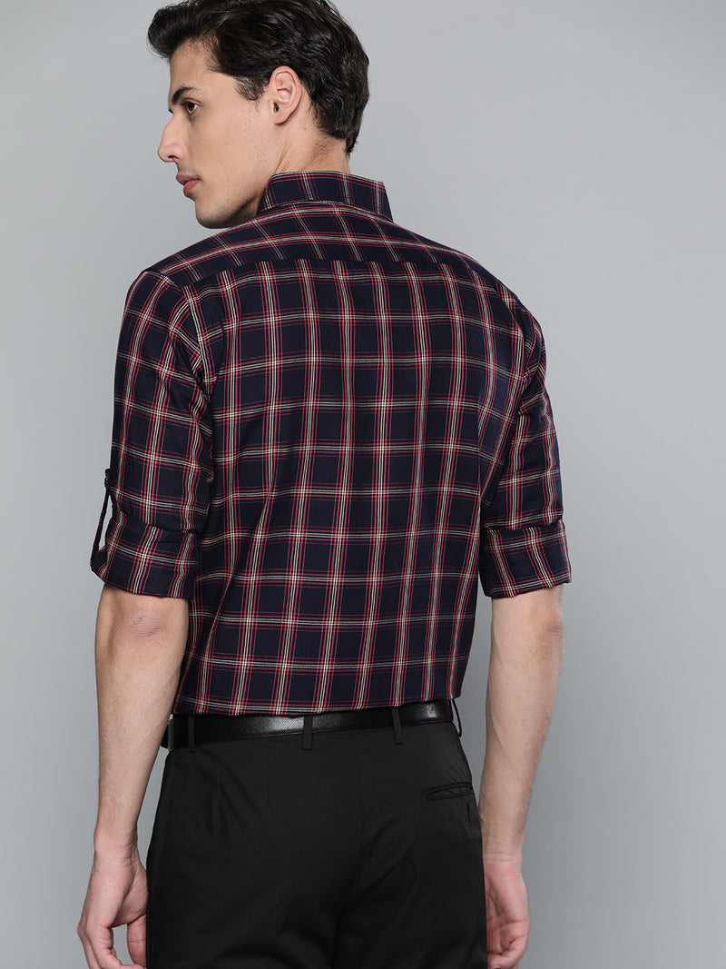 Men Navy Blue  Red Pure Cotton Smart Fit Tartan Checks Checked Formal Shirt