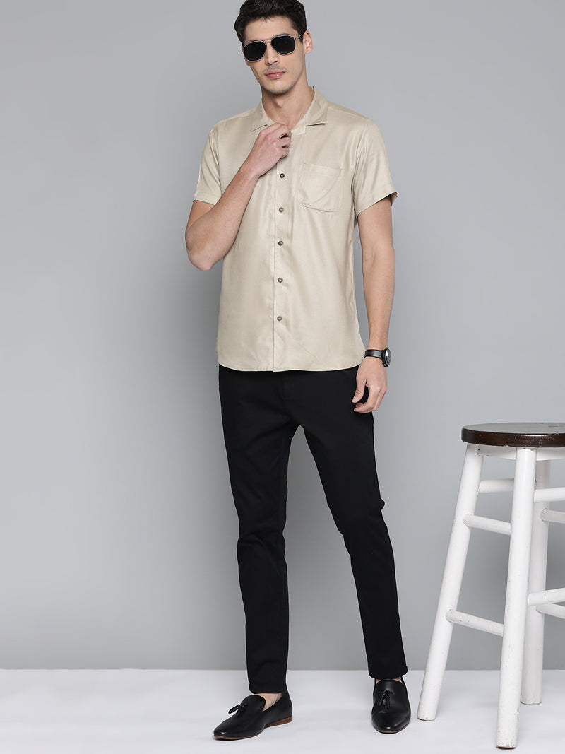 Men Beige Cotton Twill Slim Fit Casual Shirt