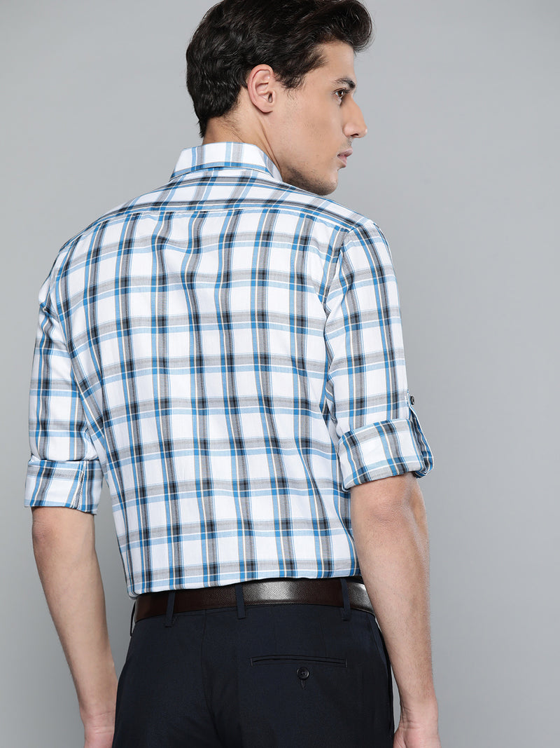 Men White  Blue Pure Cotton Smart Fit Tartan Checks Checked Formal Shirt