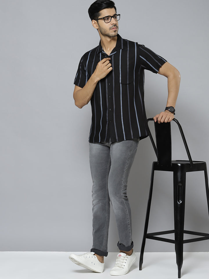 Men Black  Grey Smart Slim Fit Striped Casual Shirt