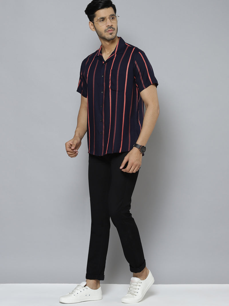 Men Navy Blue  Red Smart Slim Fit Striped Cotton Casual Shirt