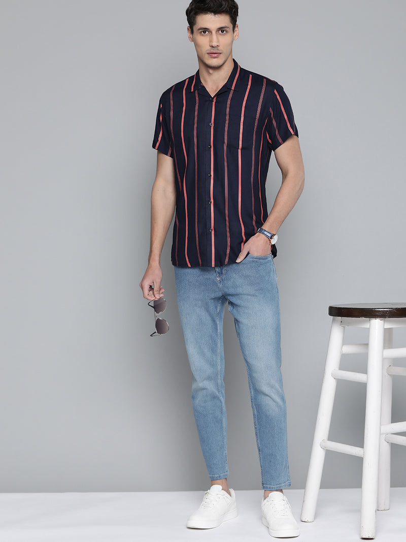 Men Navy Blue Smart Slim Fit Vertical Stripes Opaque Casual Shirt with Pocket