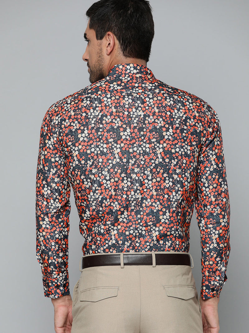 Men Navy Blue Smart Slim Fit Floral Printed Formal Shirt
