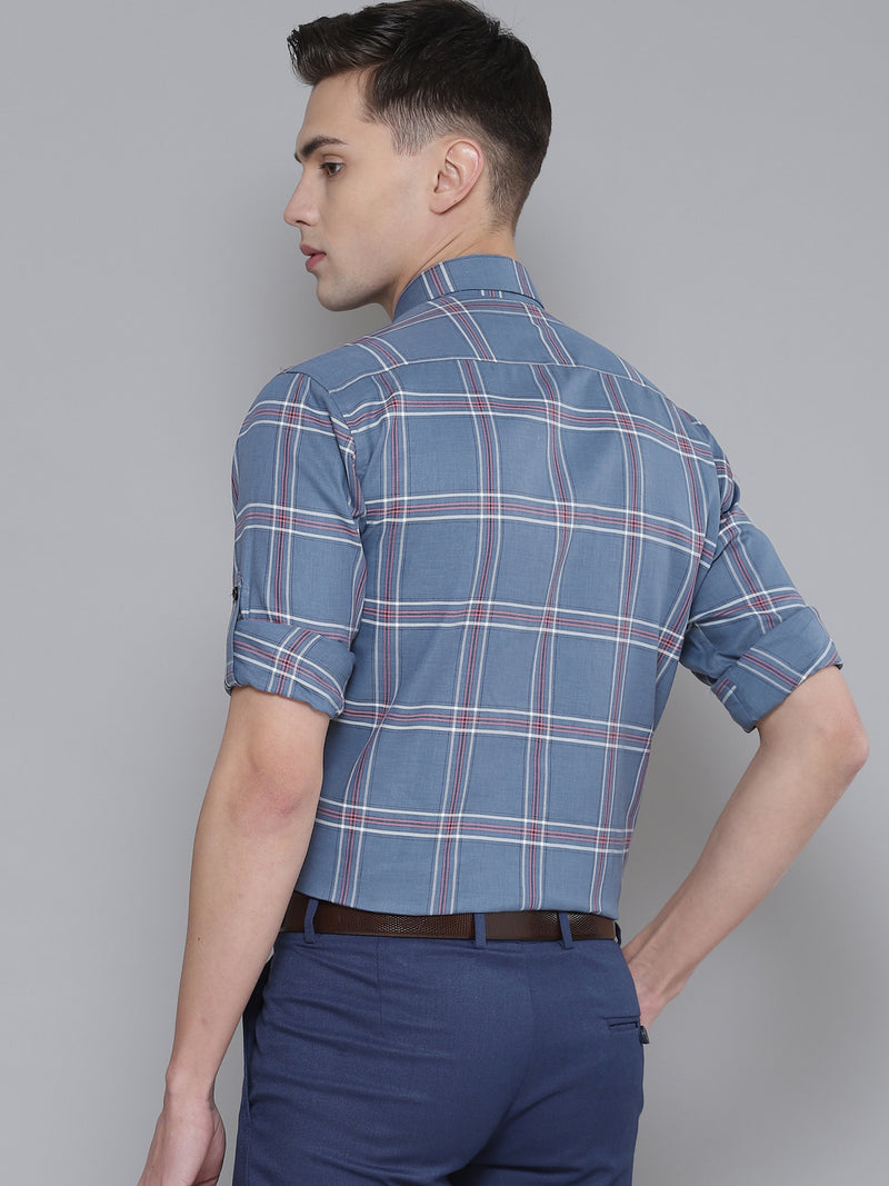 Men Blue Smart Slim Fit Checked Formal Shirt