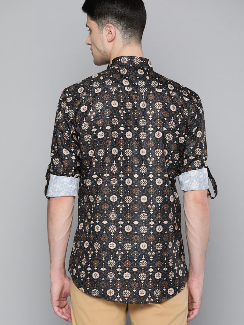 Men Blue  Brown Smart Slim Fit Printed Casual Shirt