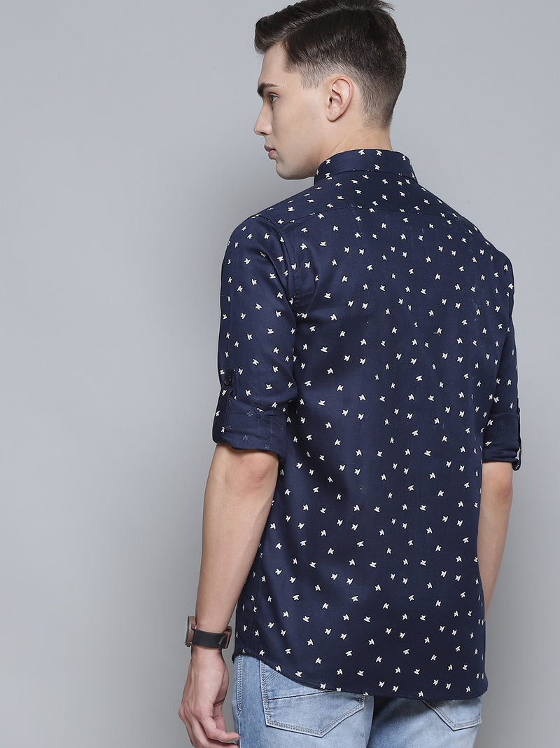 Men Navy Blue Smart Slim Fit Opaque Printed Casual Shirt