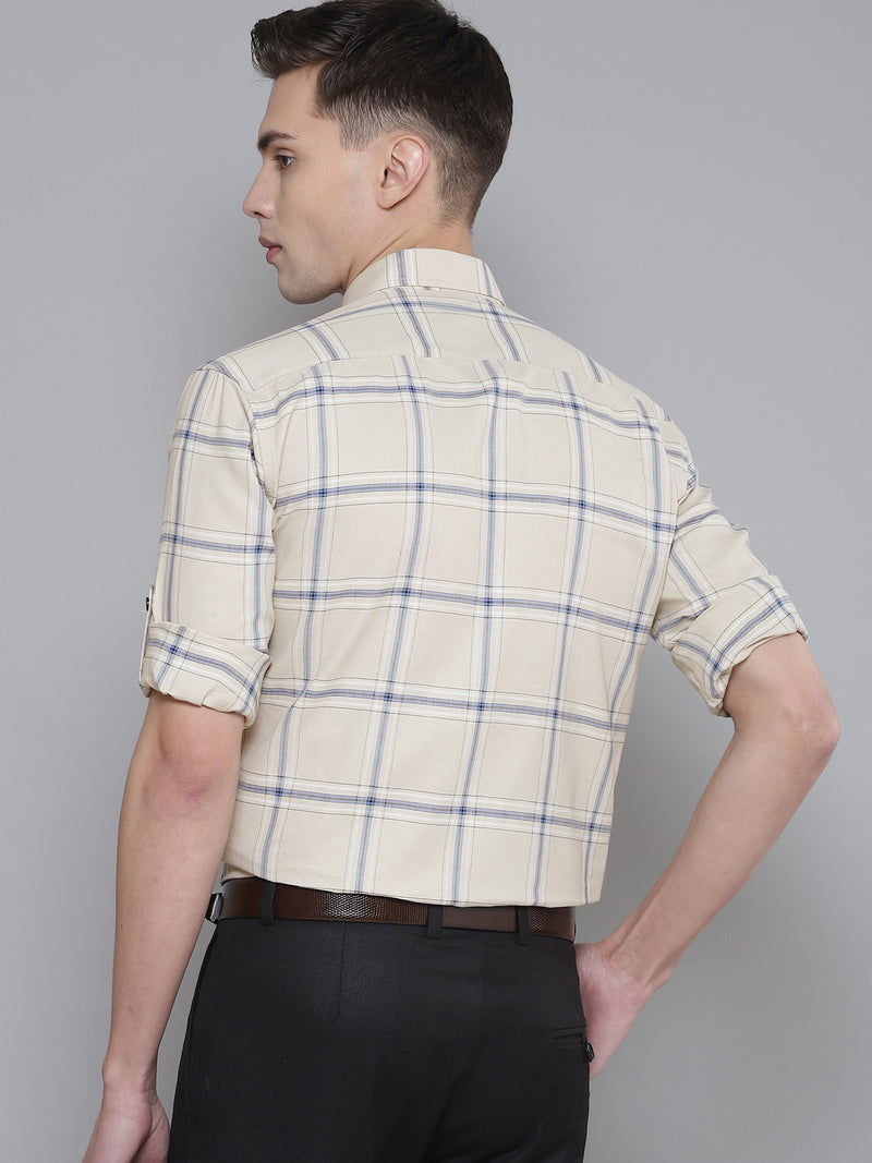 Men Cream-Coloured Smart Slim Fit Checked Formal Shirt