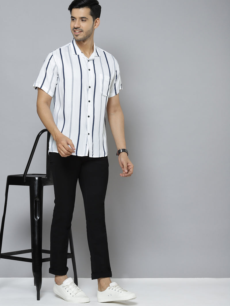 Men White  Black Smart Slim Fit Striped Cotton Casual Shirt