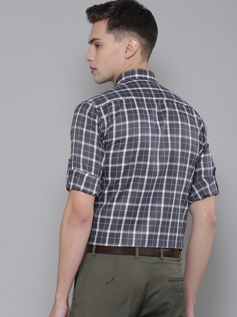 Men Charcoal Grey Smart Slim Fit Checked Formal Shirt