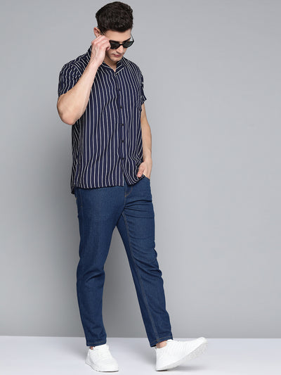 Men Navy Blue Striped Smart Slim Fit Casual Shirt