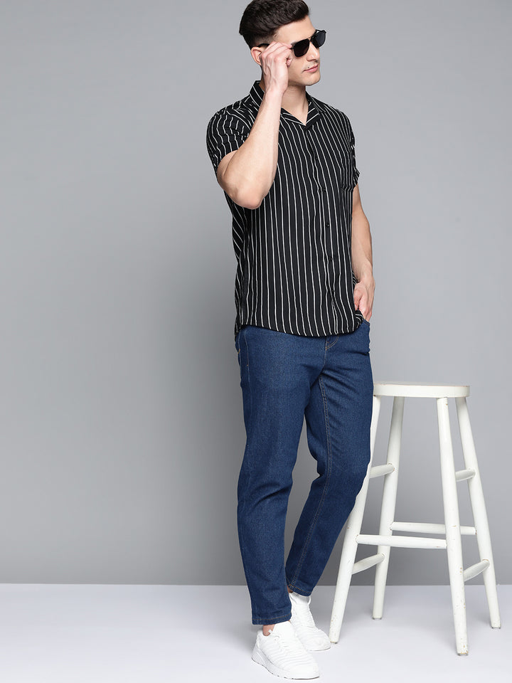 Men Black Striped Smart Slim Fit Casual Shirt