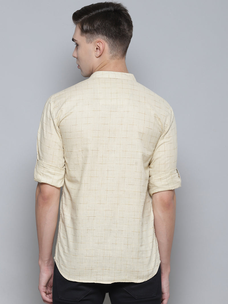 Men Cream-Coloured Patterned Comfort Slim Fit Cotton Kurta
