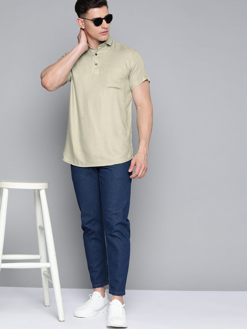 Men Olive Green Twill Weave Smart Slim Fit Casual Shirt