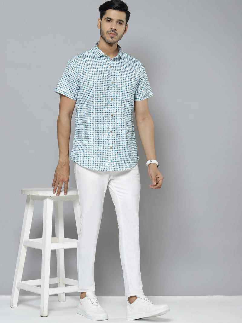 Men White & Blue Block Printed Shirt