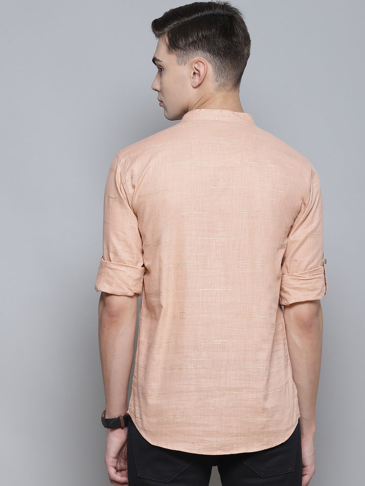 Men Peach-Coloured Comfort Slim Fit Striped Short Kurta