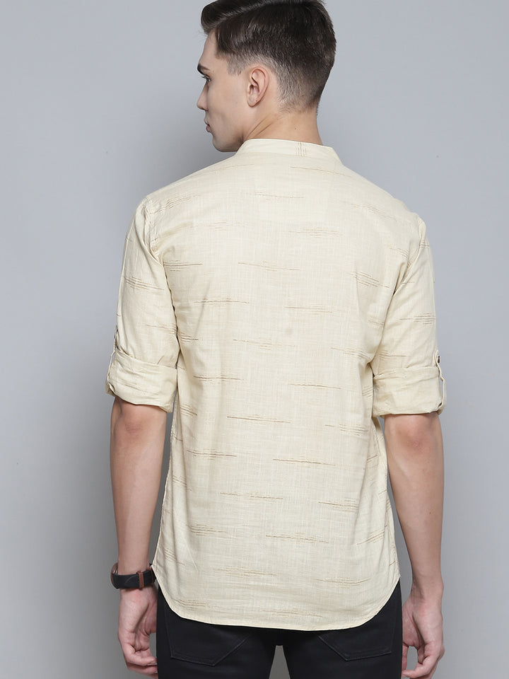 Men Cream-Coloured Horizontal Stripes Comfort Slim Fit Cotton Kurta