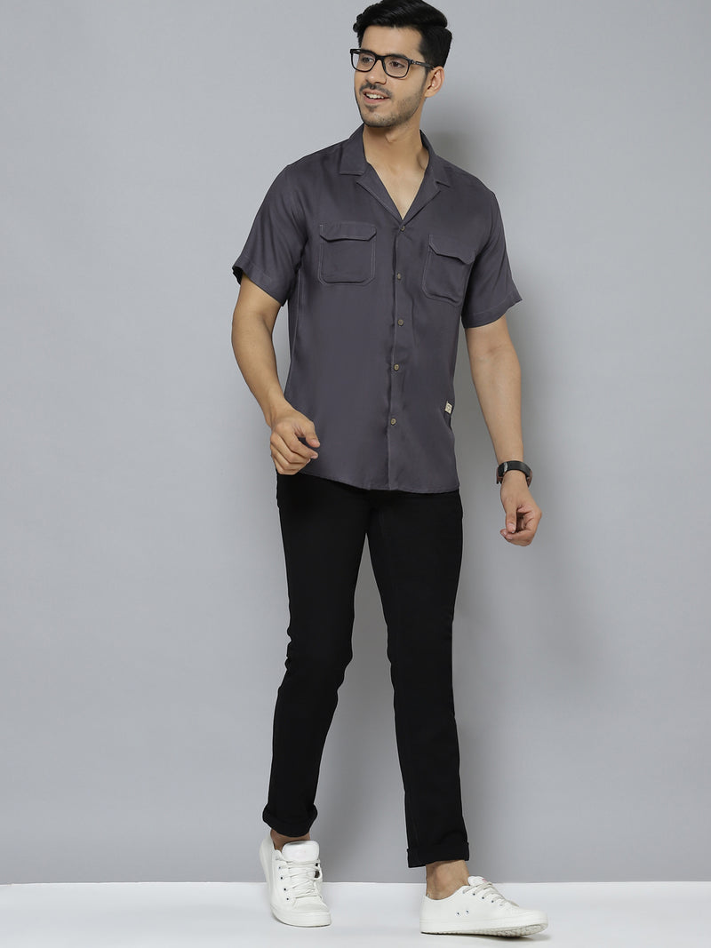 Men Charcoal Grey Solid Cuban Collar Smart Regular Fit Casual Shirt