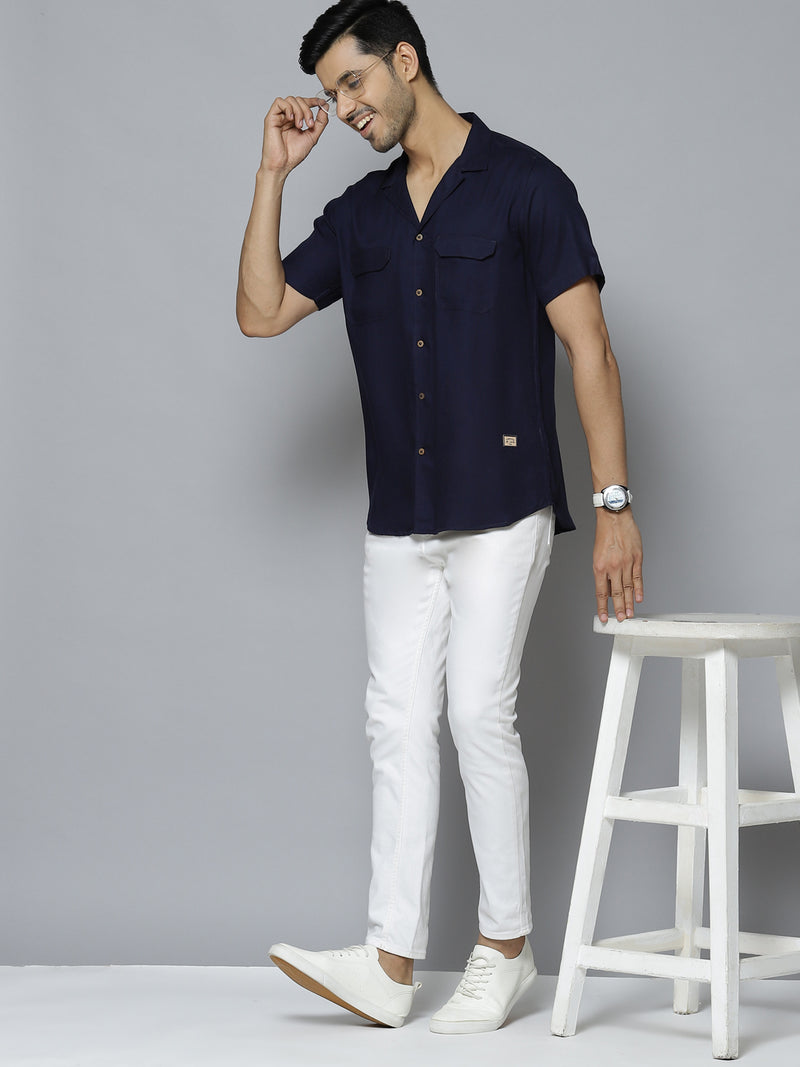 Men Navy Blue Solid Twill Weave Smart Casual Shirt