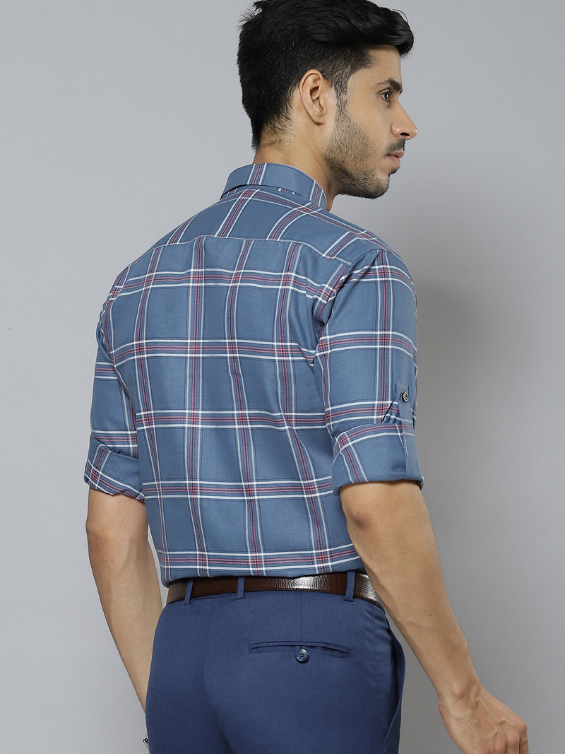 Men Blue  Pink Smart Slim Fit Checked Formal Shirt