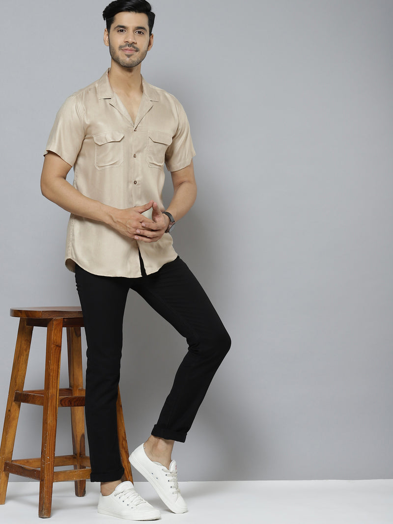 Men Beige Solid  Smart Casual Shirt