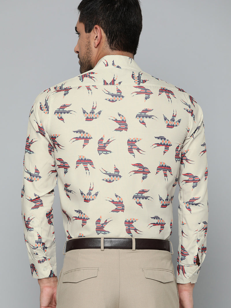 Men Cream-Coloured  Navy Blue Smart Slim Fit Printed Formal Shirt