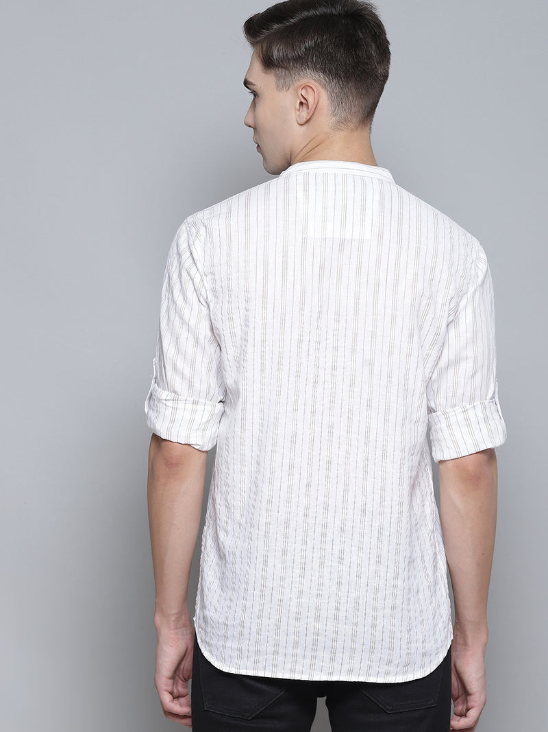 Men White Striped Comfort Slim Fit Opaque Cotton Kurta