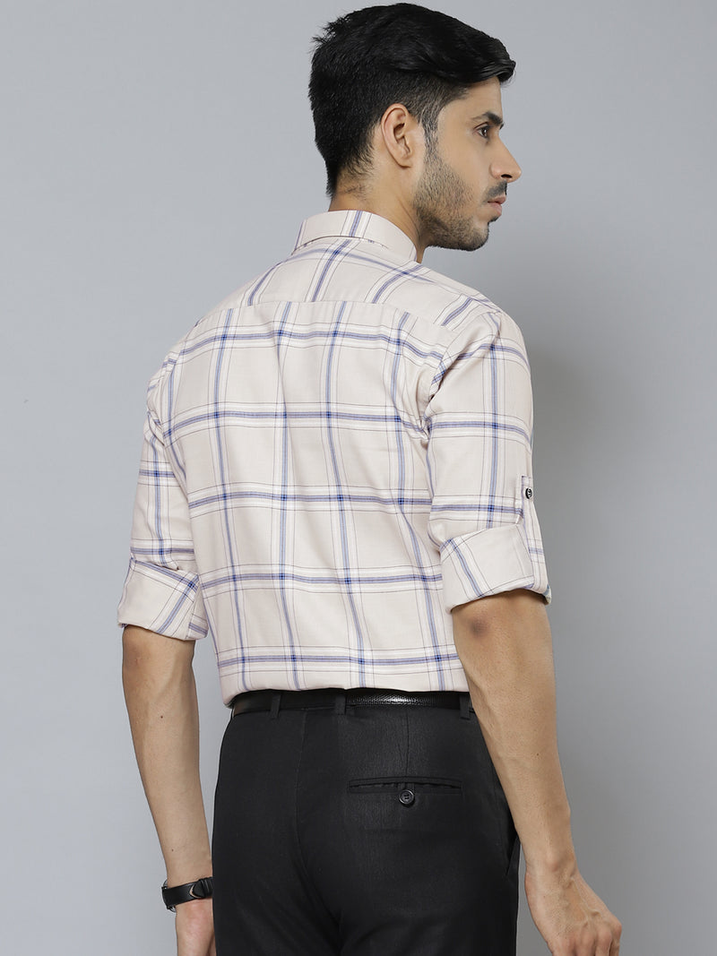 Men Cream-Coloured  Blue Smart Slim Fit Checked Formal Shirt