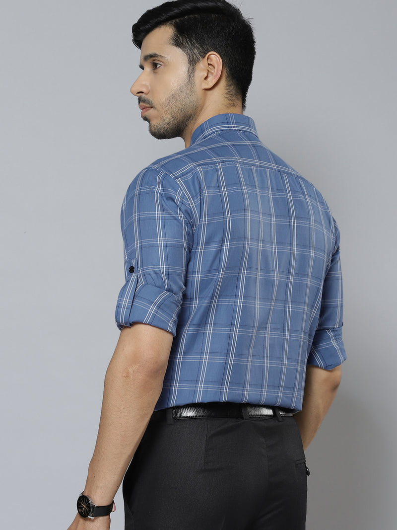 Men Blue  White Pure Cotton Smart Slim Fit Tartan Checks Formal Shirt