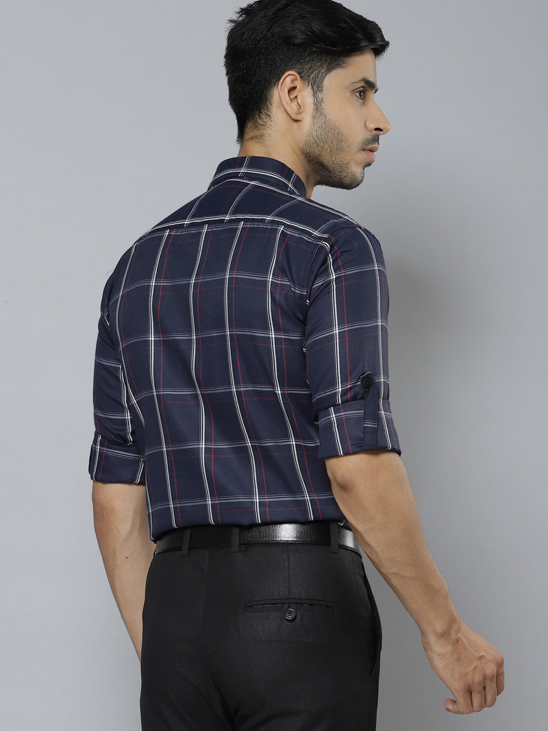 Men Navy Blue  White Smart Slim Fit Checked Formal Shirt