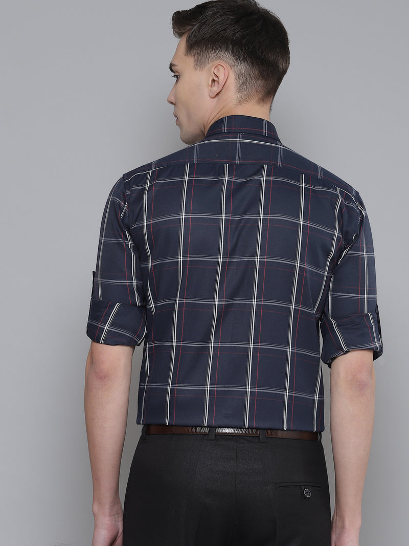 Men Navy Blue Smart Slim Fit Checked Formal Shirt