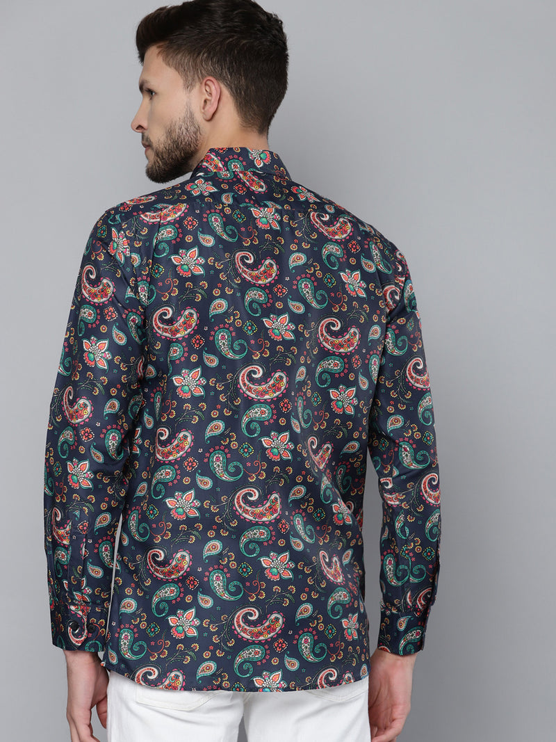 Men Navy Blue Smart Slim Fit Printed Formal Shirt