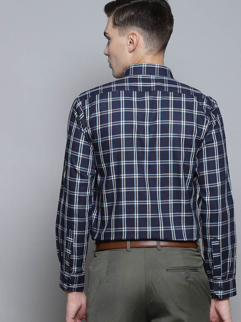 Men Navy Blue Smart Slim Fit Opaque Checked Formal Shirt