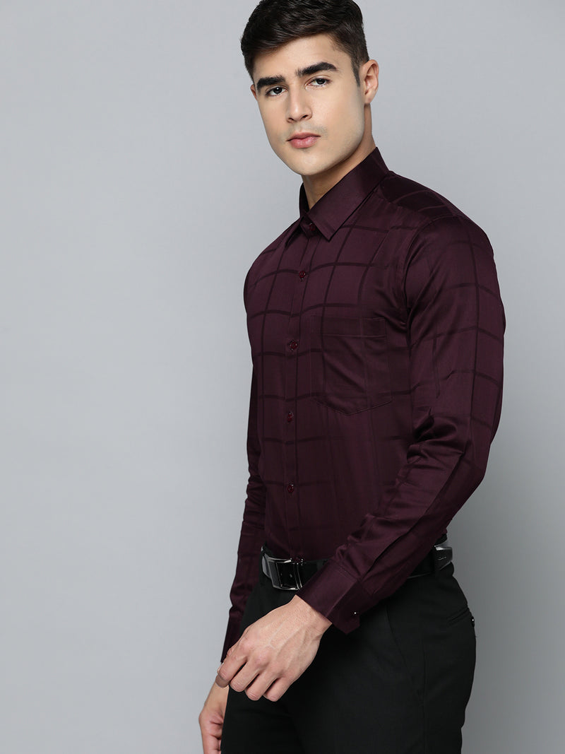 Maroon: Full Sleeves Windowpane Checks Party Shirt