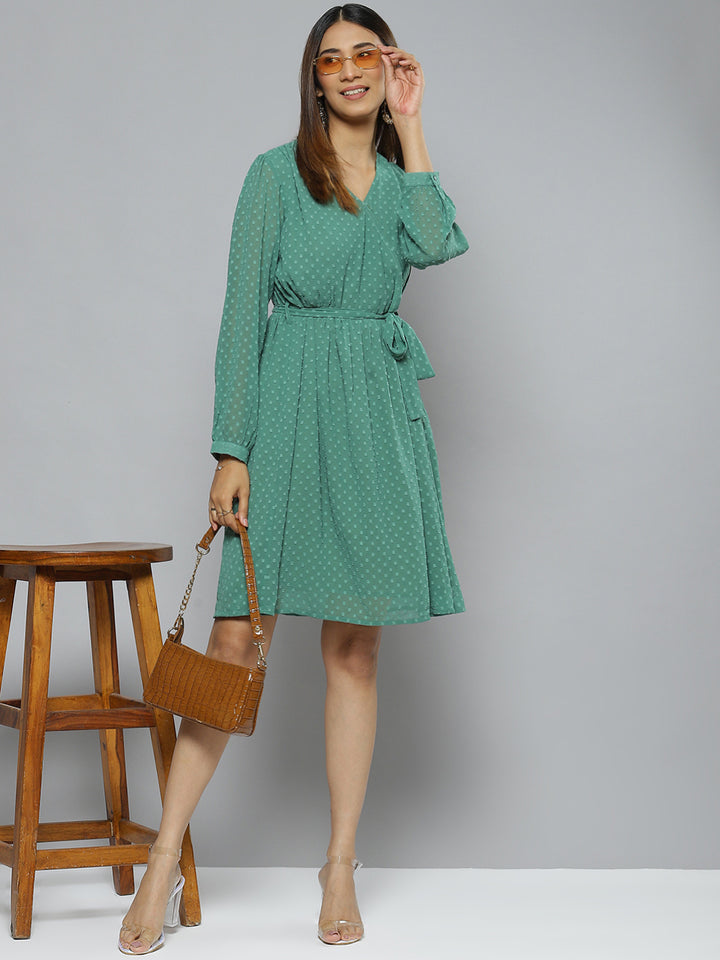 Green Self-Design Tie-Up Detail Dress