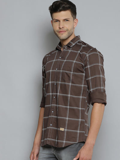 Men Brown  White Windowpane Checks Smart Slim Fit Opaque Casual Shirt