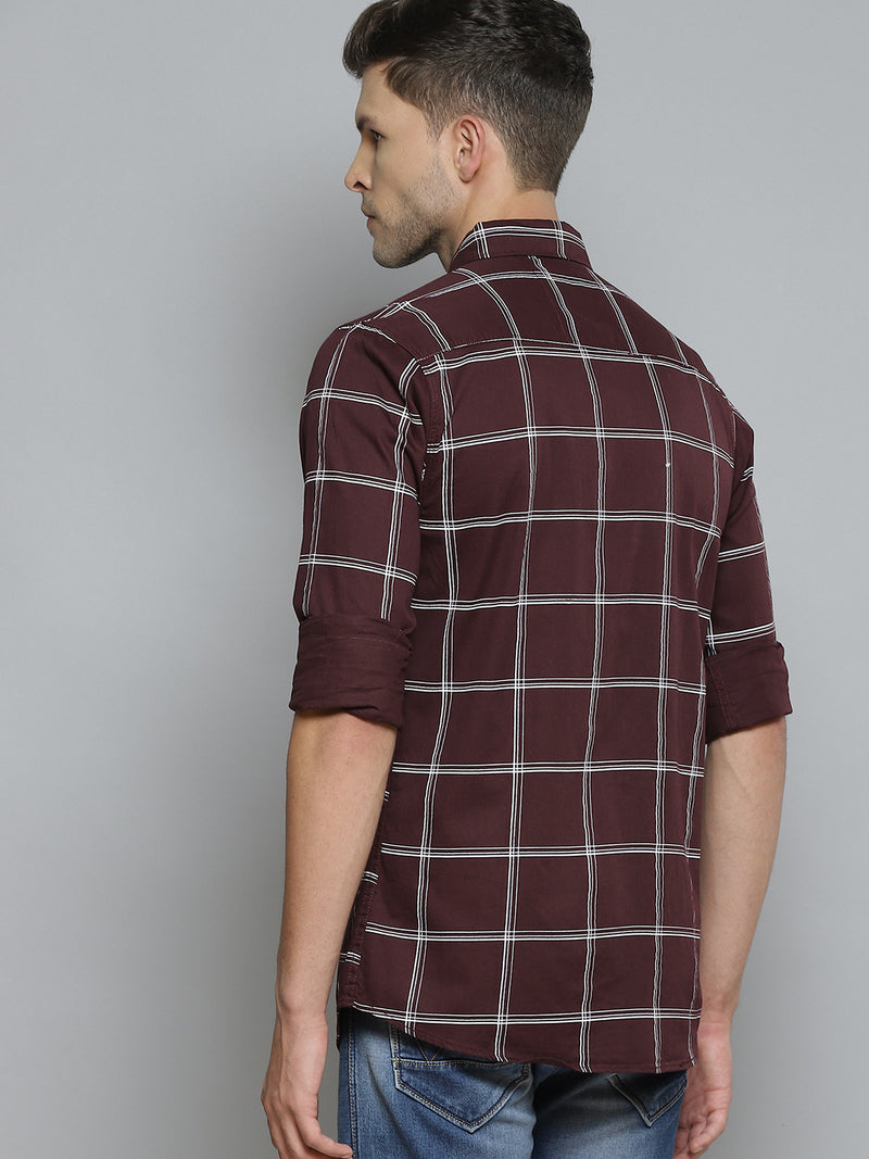 Men Burgundy  White Windowpane Checks Smart Slim Fit Opaque Casual Shirt