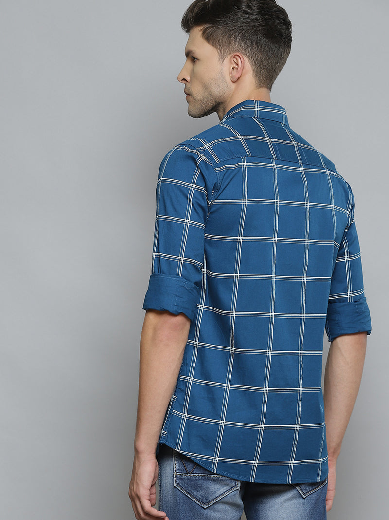 Men Blue Smart Slim Fit Windowpane Checks Opaque Checked Casual Shirt