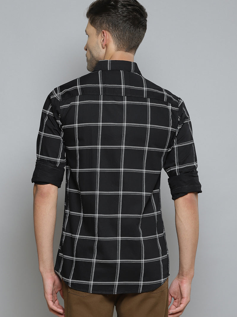 Men Black  White Windowpane Checks Smart Slim Fit Opaque Casual Shirt