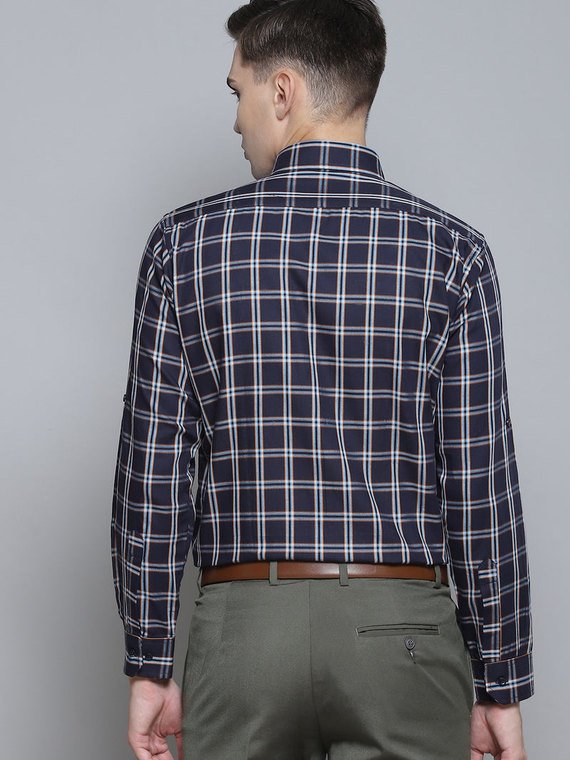 Men Navy Blue Smart Slim Fit Opaque Checked Formal Shirt
