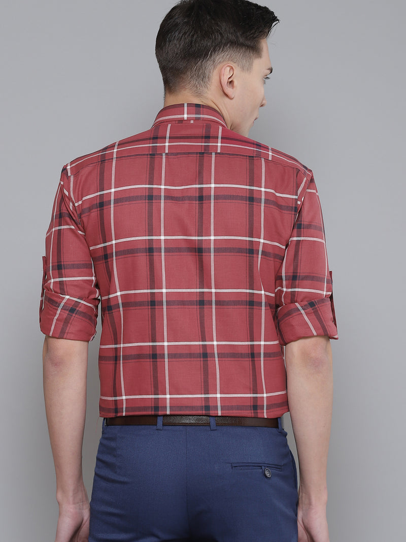 Men Red Smart Slim Fit Checked Formal Shirt