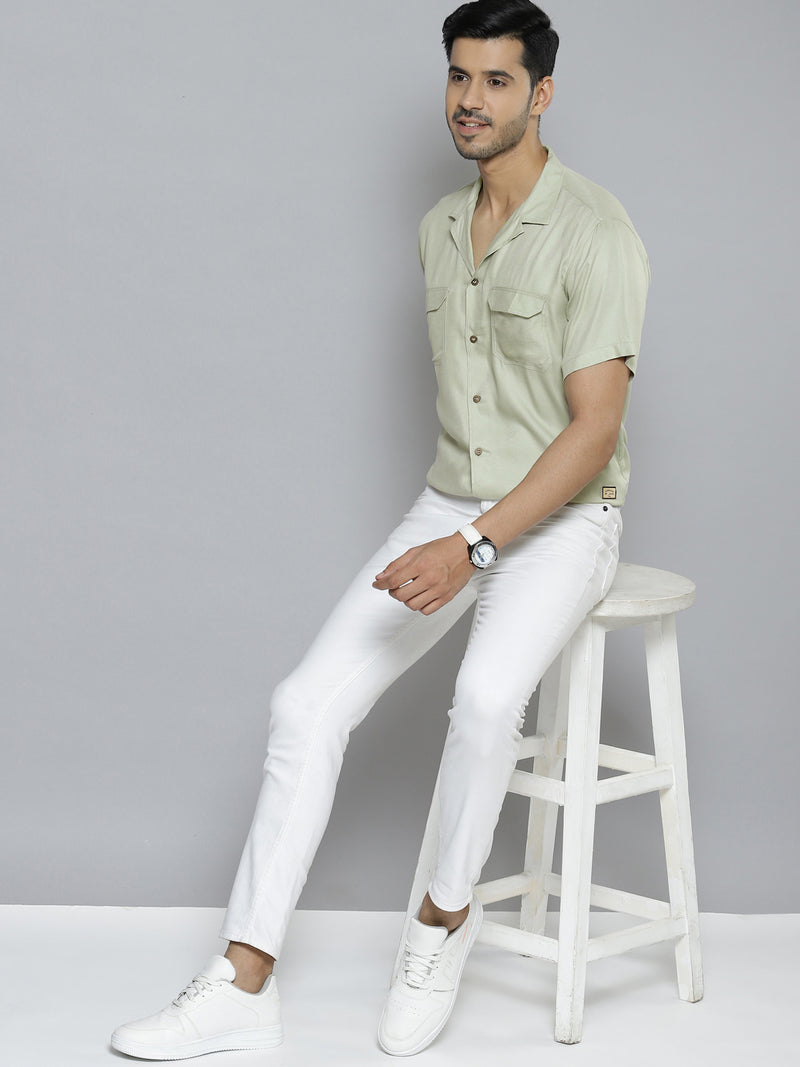 Men Olive Green Solid Smart Casual Shirt