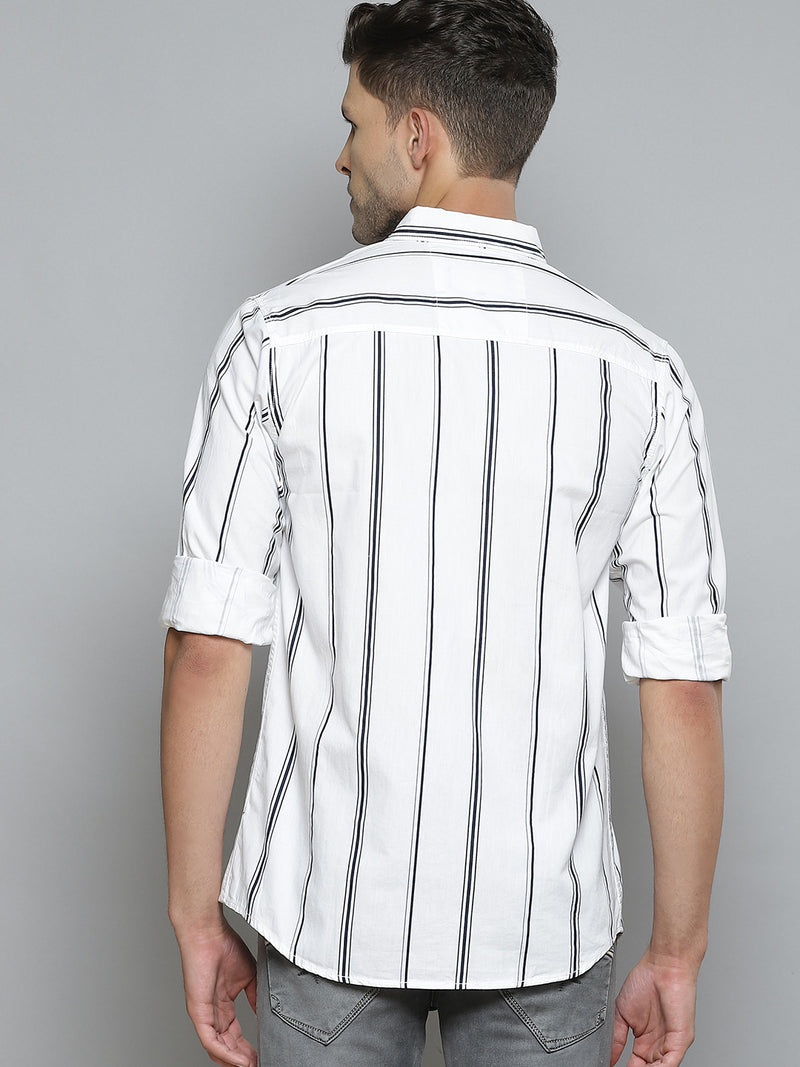 Men White  Black Striped Smart Slim Fit Opaque Casual Shirt