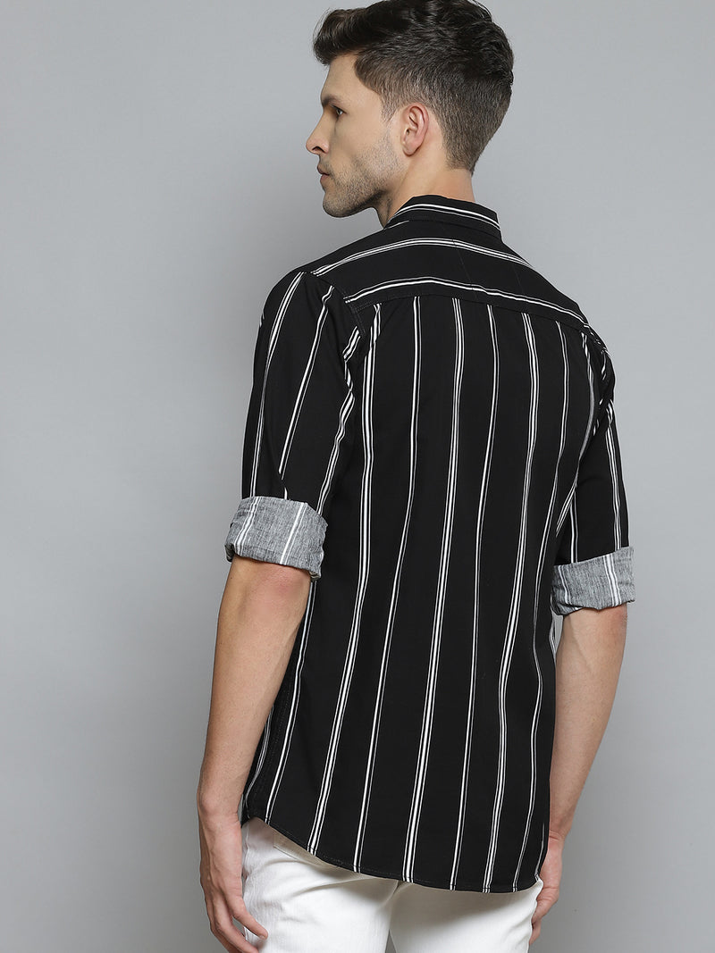 Men Black Smart Slim Fit Opaque Striped Casual Shirt