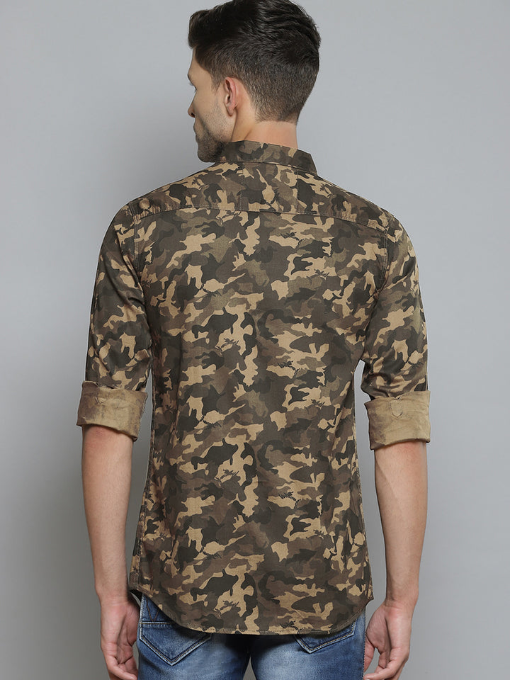 Men Brown  Khaki Camouflage Printed Smart Slim Fit Opaque Casual Shirt